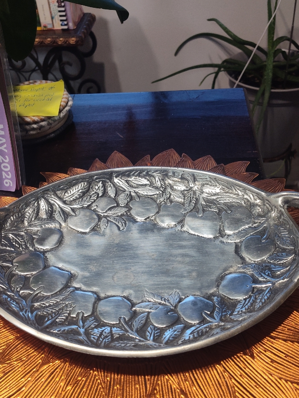 Decorative Embossed Oval Metal Serving Tray - Fruit Motif